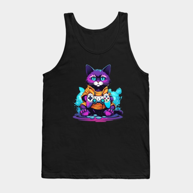 Gamer cat anime style colorful kitty Tank Top by Edgi